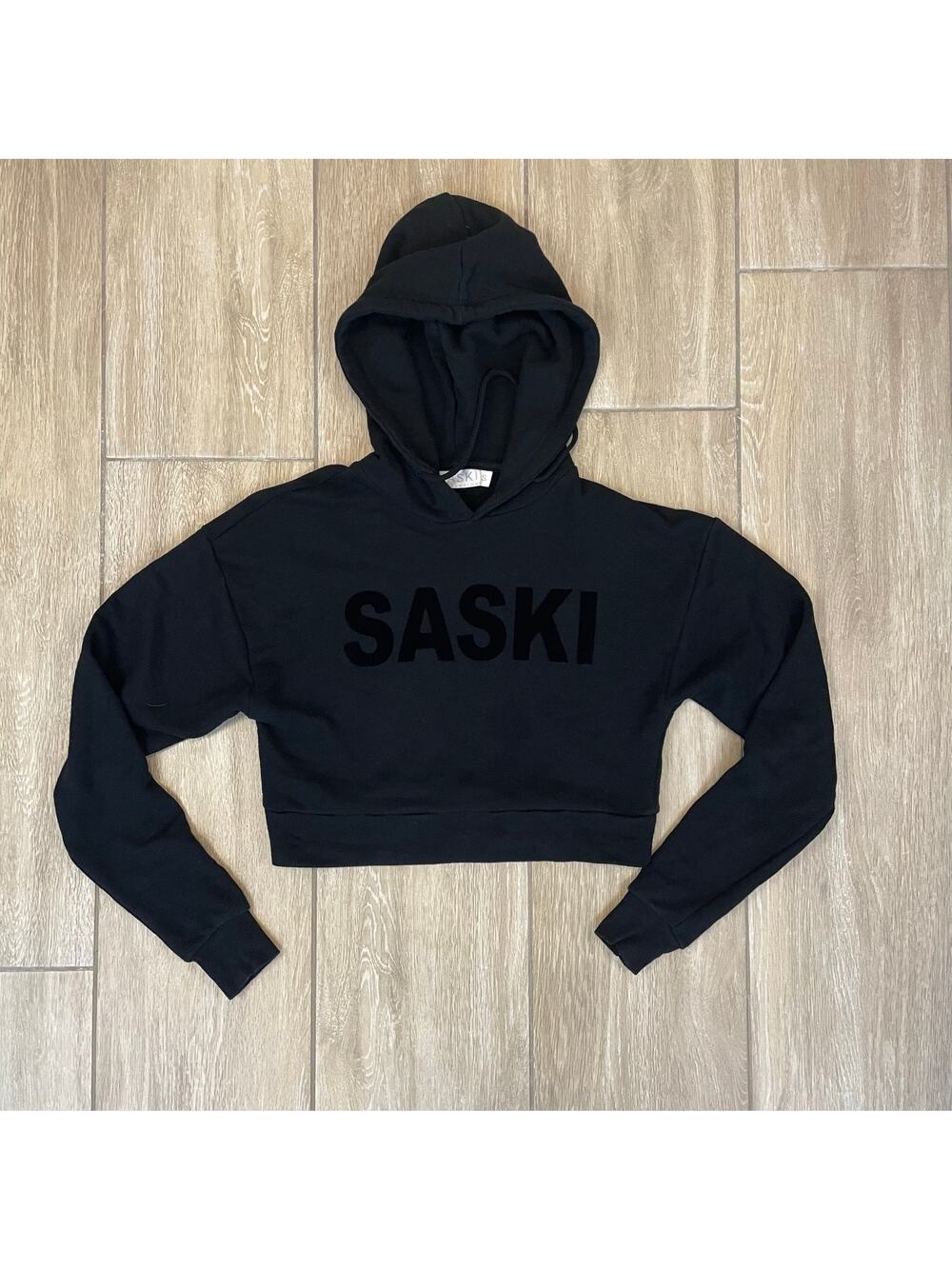 Saski Collection Cropped Hoodie Womens Small Black Logo Athleisure Pullover